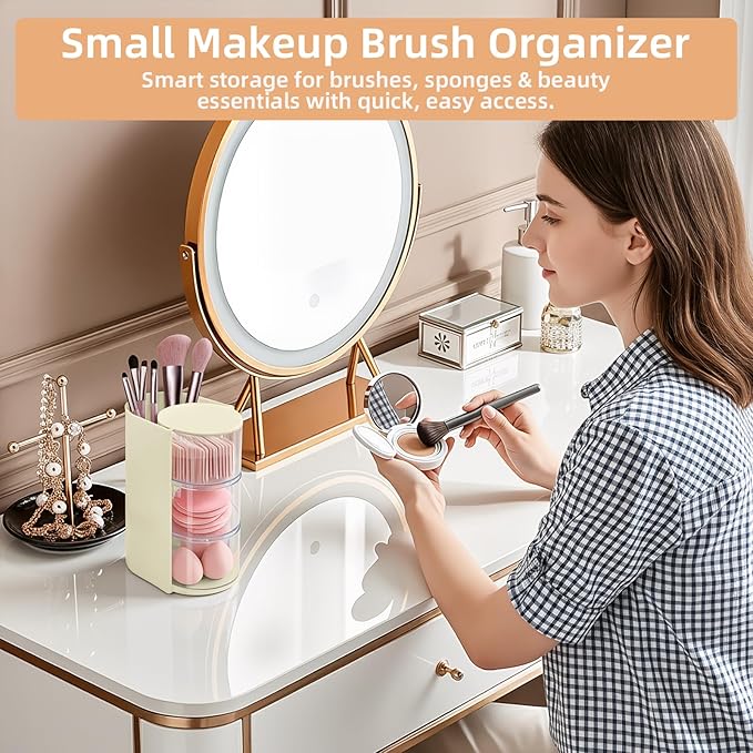 neotidy Hair Accessories Organizer with Hair Brush Holder, Rotating Hair Tie Product Organizer for Girls, 3-Tier Makeup Brush Holder for Clips, Bows & Brushes (Beige, 3-Tier)