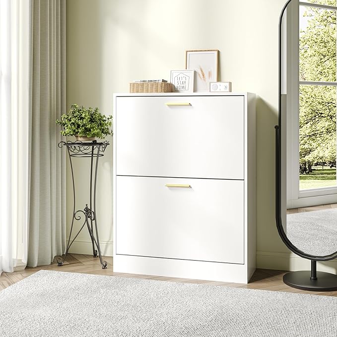 JOZZBY Shoe Cabinet Storage for Entryway, Freestanding Narrow Slim Shoe Organizer Cabinet with 2 Flip Drawers, Wooden Shoe Rack for Hallway, Living Room, White
