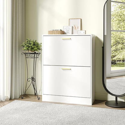 JOZZBY Shoe Cabinet Storage for Entryway, Freestanding Narrow Slim Shoe Organizer Cabinet with 2 Flip Drawers, Wooden Shoe Rack for Hallway, Living Room, White