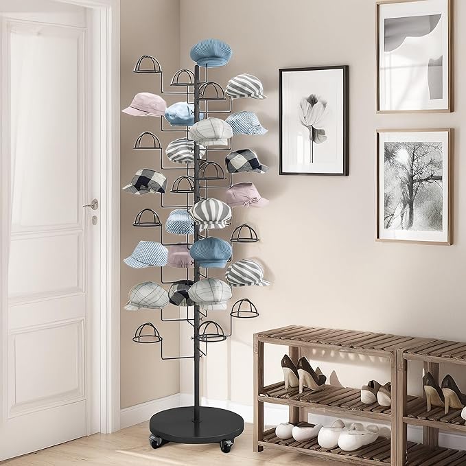 Hat Rack Stand, Metal Hats Display Stand, Standing Hat Rack, Hat Tree Stand with 30 Circular Hooks, Ball Cap Storage Organizer Rack for Stores/Home(Black)