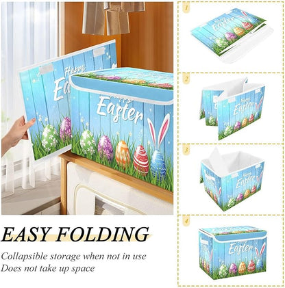 senya Easter Baskets Collapsible Storage Bins with Lids, Happy Easter Bunny Eggs Storage Boxes Clothes Baskets for Organizing
