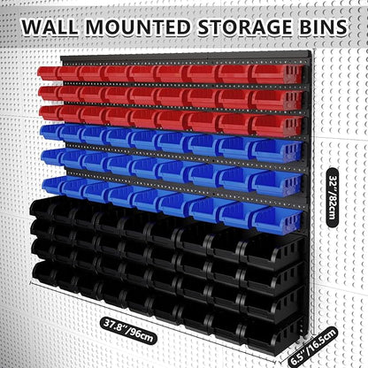 90Pcs Plastic Wall Mounted Storage Bins Parts Rack Nuts And Bolt Bins Organizer For Shop Garage for Screws, Nuts, Bolts, Nails, Beads, and Small Hardware Parts,Red,Blue,Black