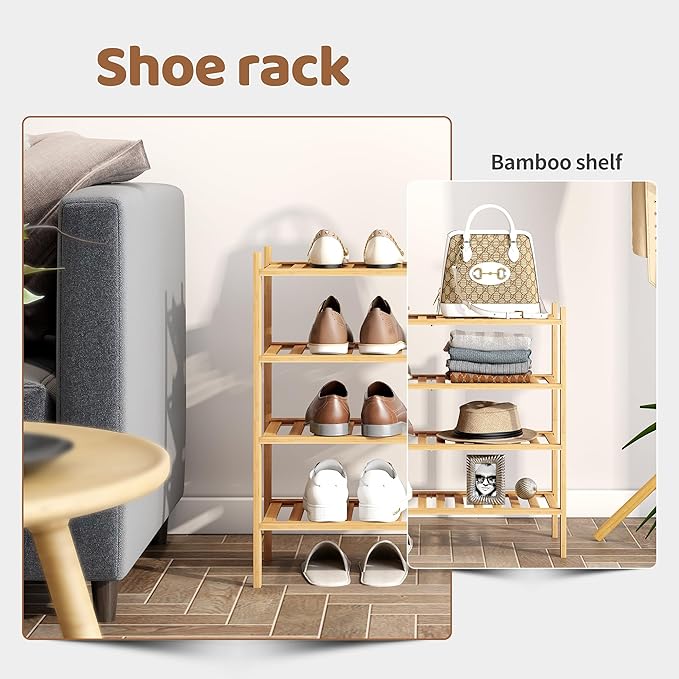 Bamboo Shoe Rack Stackable Shoe Shelf Storage Organizer for Unit Entryway Hallway and Closet Sturdy Freestanding Shoe Shelf (4 Tier Natural)