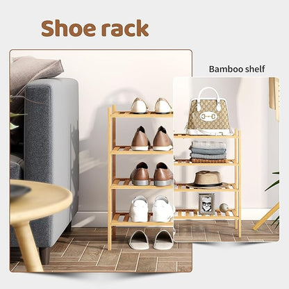 Bamboo Shoe Rack Stackable Shoe Shelf Storage Organizer for Unit Entryway Hallway and Closet Sturdy Freestanding Shoe Shelf (4 Tier Natural)
