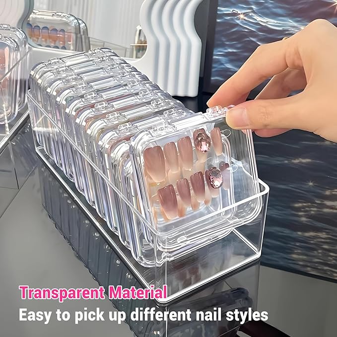12Pcs Press on Nail Packaging Boxes, False Nail Container Organizer Clear Nail Display Case with 1 All-In-One Acrylic Storage Box and 30pcs Double-sided Adhesive Tape for Nail Art Salon Home Use