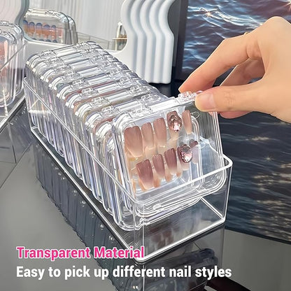 12Pcs Press on Nail Packaging Boxes, False Nail Container Organizer Clear Nail Display Case with 1 All-In-One Acrylic Storage Box and 30pcs Double-sided Adhesive Tape for Nail Art Salon Home Use