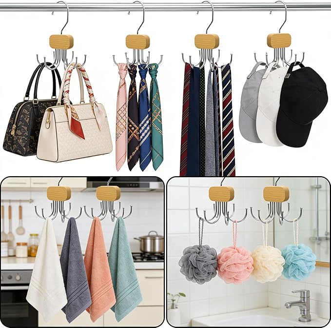 Belt Hanger for Closet, 3 Pack Belt Organizer for Closet Space Saving & Storage, 360° Rotatable & Foldable Hooks, Large Capacity Holder Rack for Tie, Tank Top, Bra, Purse, Hat (Natural)