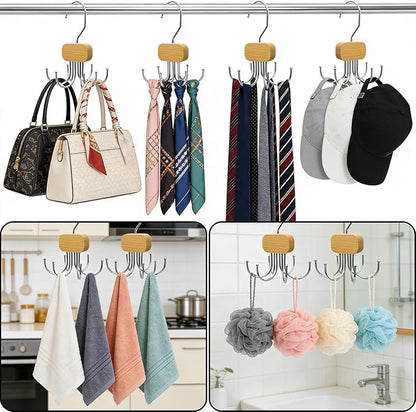 Belt Hanger for Closet, 3 Pack Belt Organizer for Closet Space Saving & Storage, 360° Rotatable & Foldable Hooks, Large Capacity Holder Rack for Tie, Tank Top, Bra, Purse, Hat (Natural)