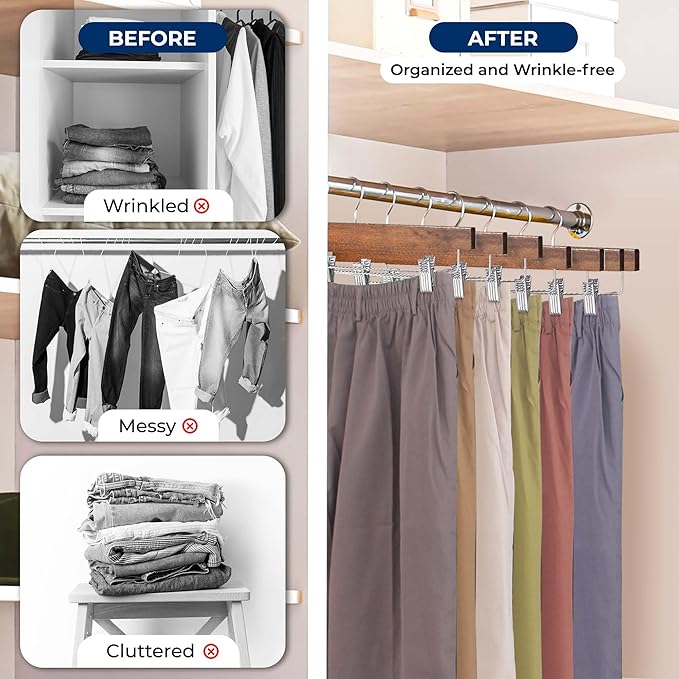 SereneLife 10 Pack Skirt and Pant Hanger with Adjustable Non-Slip Steel Clips, Premium Wooden, 360° Swivel Hook & 10 lb Capacity – Space-Saving Heavy-Duty Hangers for Jeans, Shorts & Slacks (Brown)