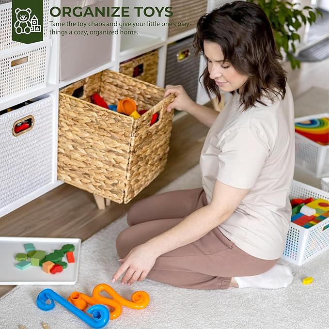 11x11in Pack of 4 Cube Storage Baskets, Water Hyacinth Multipurpose Collapsible Organizers, Handwoven Laundry Totes for Laundry, Living Room, Kids Room & Nursery - Natural