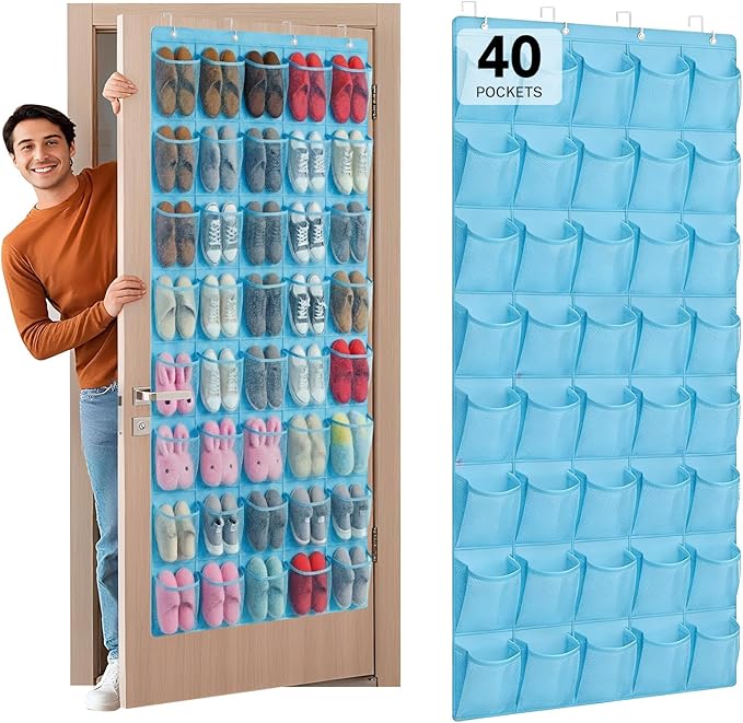 40-Pocket Over the Door Shoe Organizer - Large Mesh Pocket Hanging Shoe Organizer,Behind the Door Shoes Storage Holder Hanger