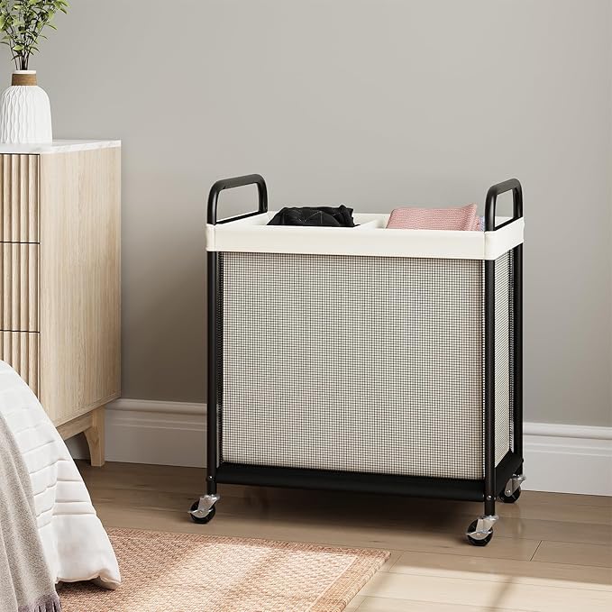 ELYKEN Laundry Hamper 2 Section, 100L Rolling Laundry Sorter with Removable Liner Bag, Laundry Basket with Wheels, Steel Frame with Metal Handle, Clothes Hamper Cart for Laundry Room & Bedroom