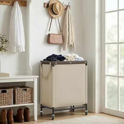 StorageWorks Laundry Hamper 2 Section, 100L Rolling Laundry Sorter Cart with Removable and Washable Liner Bag, Clothes Hamper with Wheels and Handle for Laundry Room and Bedroom, Light Khaki