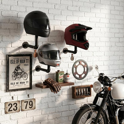 MyGift 3 Pcs Cowboy Hat Holder on Wall, Hat Rack Hooks, Wig Display Helmet Collection Organizer, Baseball Cap Hanger Entryway Bedroom, Realistic Black Metal Pipe Brown Wood