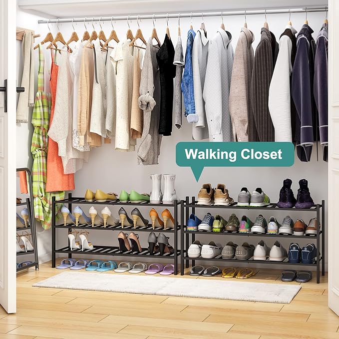 viewcare 3-Tier Long Black Shoe Rack, Bamboo Wood Shoe Rack for Closet, Entryway & Hallway, Stackable | Functional | Sturdy