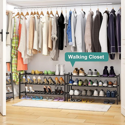 viewcare 3-Tier Long Black Shoe Rack, Bamboo Wood Shoe Rack for Closet, Entryway & Hallway, Stackable | Functional | Sturdy