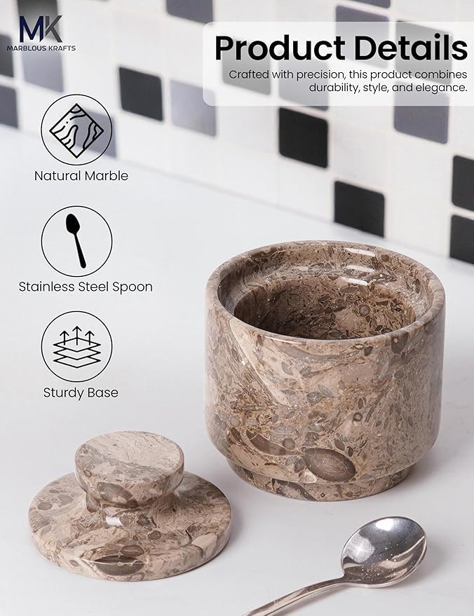 MARBLOUS KRAFTS Marble Salt Cellar 3" Inch Oceanic Flaky Salt Holder for Countertop, Set of 2 Spice Boxes, Brown Sugar Keeper, and Sugar Jar with Lid & Spoon, Perfect for Kitchen Storage