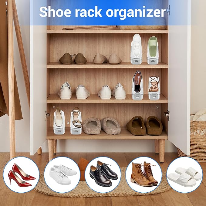 15 Pack Shoe Slots Organizer, 4 Levels Adjustable Shoe Stacker Effective Space Saver 50% for Closet Organization, White