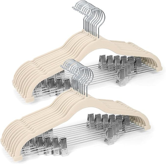 Sishynio Velvet Pants Hangers 20 Pack with Adjustable Clips, Space-Saving Slim Felt Clothes Hangers, Heavy Duty & Non-Slip Flocked Hangers for Pants, Skirts, Dresses and Jeans(Beige)