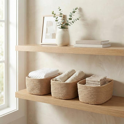 Beautiful Storage Basket Set of 3 - Sturdy Jute Rope Baskets for Shelves Are Perfect for Organizing Your Home - Quality Storage Bins Easily Fit With Any Nursery or Bedroom Decor