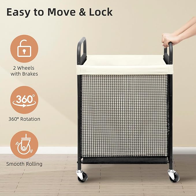 STORAGE MANIAC Rolling Laundry Hamper with Wheels 1-Section Laundry Sorter Rolling Laundrys Basket on Wheels with Removable Bag Clothes Hamper Laundrys Organizer Cart Bathroom Bedroom 90L Beige