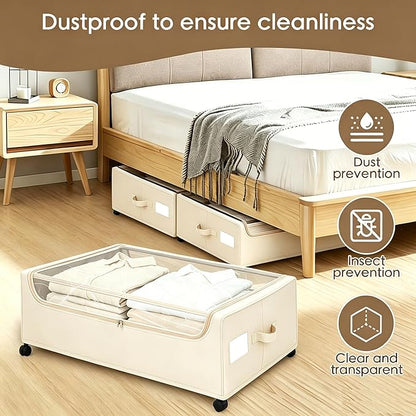 Under Bed Storage with Wheels, 2-Pack Under the Bed Storage Containers with Clear Lids & Label, Underbed Storage Bins, XXXL 85L 11 inches Rolling Metal Drawer for Clothes, Shoes, Toys, Books - Beige