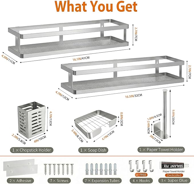 PUSDON 5-in-1 16.5" Extra Long Kitchen Organizer & Shower Caddy Set, Wall Mount Spice Rack with Paper Towel Holder, Utensil Holder & Soap Dish, Rustproof Mesh - Silver Gray, Guardrail