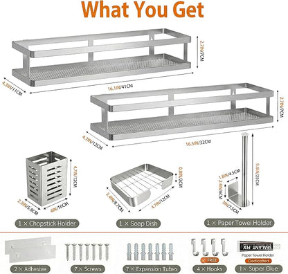 PUSDON 5-in-1 16.5" Extra Long Kitchen Organizer & Shower Caddy Set, Wall Mount Spice Rack with Paper Towel Holder, Utensil Holder & Soap Dish, Rustproof Mesh - Silver Gray, Guardrail
