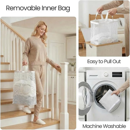 efluky Slim Laundry Basket with Lid, Narrow Laundry Hamper with Removable Bag, Skinny Dirty Clothes Basket with Bamboo Handles for Bathroom, Bedroom & Laundry Room, 75L Light Grey