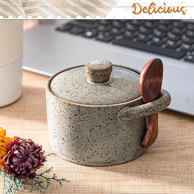 Honeydak Speckled Ceramic Salt Cellar with Lid and Wooden Spoon, Rustic Farmhouse Salt Pepper Cellar Holder for Mothers Day, Housewarming Gift, Heavyweight Spices Jar(Light Gray,1 Set)