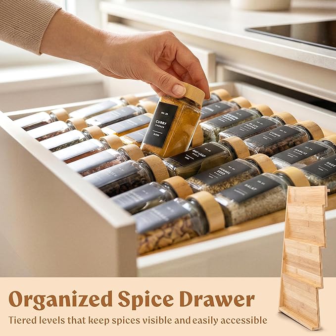 EDELHAUS Bamboo Spice Drawer Organizer - Expandable 4 Tier Spice Rack (Need 3" Deep Drawer) 12" to 24" Wide, Seasoning Organizer, Organization Seasoning Rack insert (Jars Not Included)