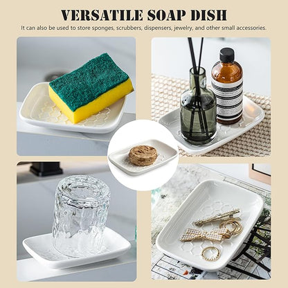 Gomakren Soap Dish for Shower, Ceramic Bar Soap Holder with Honeycomb Design, Soap Saver Tray for Bathroom Kitchen Sink, Sponge & Organizer Tray, Upscale Look, 5.5 Inch, White