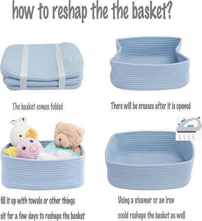 XUANGUO Small Woven Storage Baskets 13“X9”X5“ Decorative Rope Bins for Organizing Shelves, Closets, and Toys, Empty Gift Baskets, Cute Organizer Basket for Home and Office (blue, Large)