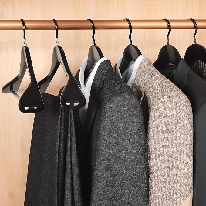 TOPIA HANGER Black Wooden Coat Hanger 6 Pack, Wide Shoulder Wood Suit Hangers with Extra-Thick Flat Hooks & Anti-Slip Pants Bar, Heavy Duty Clothes Hangers,Glossy Finish, Black-CT02H