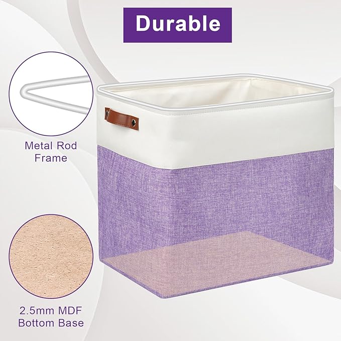 Bagnizer Large Fabric Storage Baskets | 50L Storage Bins, Decorative Linen Closet Baskets with Handles for Organizing, Shelf, Toys, Clothes, Home, Office, Nursery, 17x12x15Inches (Purple&White)