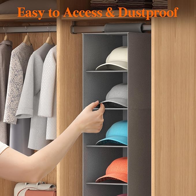 Lifewit Hat Organizer for Baseball Caps, Hat Rack Hanging Storage, Non-Woven Fabric Display Shelf Holds Up to 40 Hats, Cap Holder Hanger for Closet, Bedroom, 7 Compartments, Gray, 1 Pack