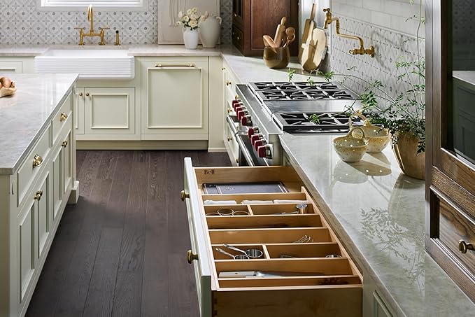 Rev-A-Shelf Trim-to-Custom-Fit Silverware Drawer Organizer For Kitchen Utensils, Cutlery Cabinet Storage Divider Insert, 33.11 x 21.97 In, Maple Wood, 4WUT-36-1