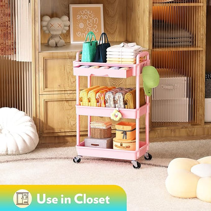 SUNALLY Makeup Cart Organizer with Drawers, Floor Skincare Organizers Vanity Storage Organizer, Rolling Makeup Bathroom Storage Cart Cosmetics Display Cases for Skin Care Perfume Nail Polish, Pink