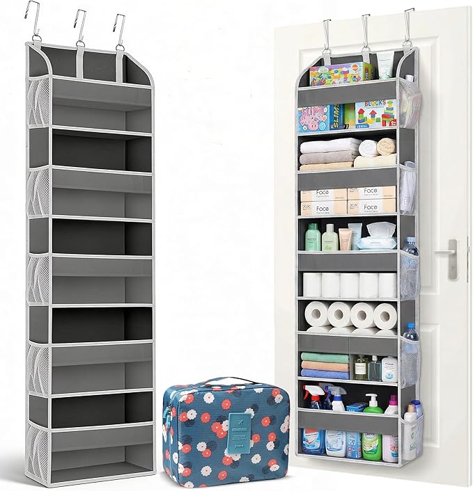 Over the Door Organizer with Toiletry Bag - 5 Self Hanging Organizer with 5 Large Pockets - Heavy Duty Behind the Door Storage for Bedroom, Bathroom, Pantry, Nursery (Grey)