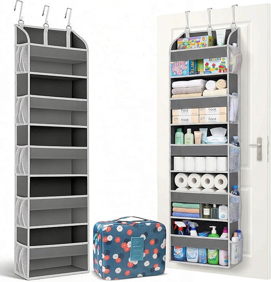 Over the Door Organizer with Toiletry Bag - 5 Self Hanging Organizer with 5 Large Pockets - Heavy Duty Behind the Door Storage for Bedroom, Bathroom, Pantry, Nursery (Grey)