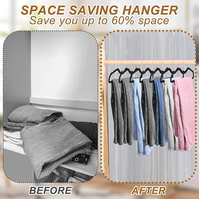 Pants Hangers Non Slip, 30 Pack Velvet Hangers for Closet with 30 Hooks, Strong Durable Slimline Space Saving Pants Hanger, Space Saving Flocked Hangaers for Pants, Shirts, Bra, Shorts (Black-M-shape)