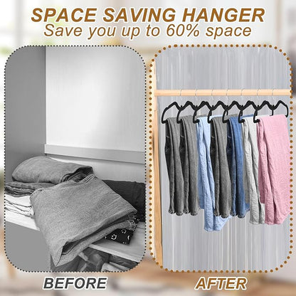 Pants Hangers Non Slip, 30 Pack Velvet Hangers for Closet with 30 Hooks, Strong Durable Slimline Space Saving Pants Hanger, Space Saving Flocked Hangaers for Pants, Shirts, Bra, Shorts (Black-M-shape)