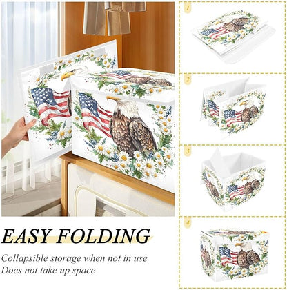 senya July Fourth Baskets Collapsible Storage Bins with Lids, Daisy Flower American Flag Bird Storage Boxes Clothes Baskets for Organizing