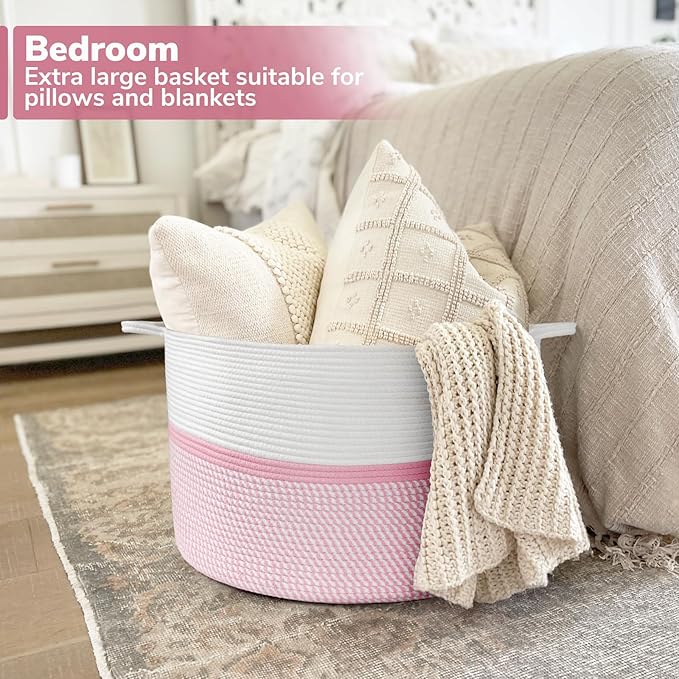 CHICVITA Extra Large Cotton Rope Woven Basket, XXL Throw Blanket Storage Basket with Handles, Pink Decorative Clothes Hamper Laundry Hamper - 22" x 22" x 14"