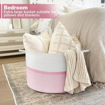 CHICVITA Extra Large Cotton Rope Woven Basket, XXL Throw Blanket Storage Basket with Handles, Pink Decorative Clothes Hamper Laundry Hamper - 22" x 22" x 14"