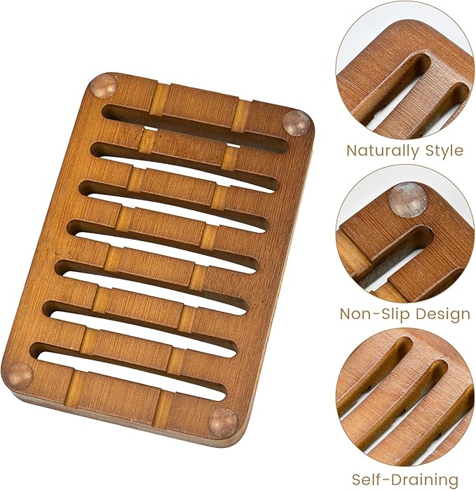 Slotted Bar Wood Soap Dish Self Draining, Wooden Sponge Holder, 1 Pack Curved Slotted Bamboo Soap Dish with Drainage for Shower, Bathroom, Kitchen, Sink, Travel, Packed in A Box (Dark Brown)
