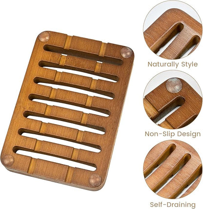 Slotted Bar Wood Soap Dish Self Draining, Wooden Sponge Holder, 1 Pack Curved Slotted Bamboo Soap Dish with Drainage for Shower, Bathroom, Kitchen, Sink, Travel, Packed in A Box (Dark Brown)