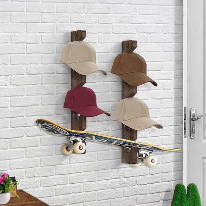 Hat Rack for Wall Baseball Cap Organizer Hanger (2 Pack) Modern Wooden Hat Holder Wall-Mounted Caps Display for Closet Door Bedroom Entryroom Laundry (Brown) …
