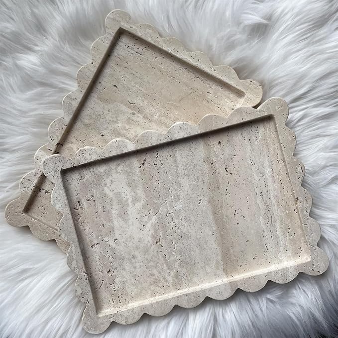 Natural Scalloped Marble Tray, 10.7"x7.87", Rectangle for Bathroom & Kitchen, Decorative for Dresser (Beige Travertine)
