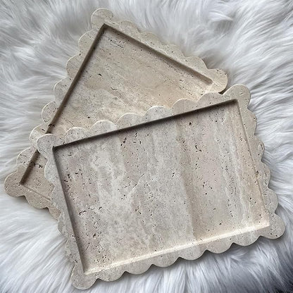 Natural Scalloped Marble Tray, 10.7"x7.87", Rectangle for Bathroom & Kitchen, Decorative for Dresser (Beige Travertine)